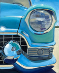An expressive painting of the front portion of a turquoise vintage car, showing the round headlight, chrome grille, bumper, and side mirror against a pale sky and ground background.