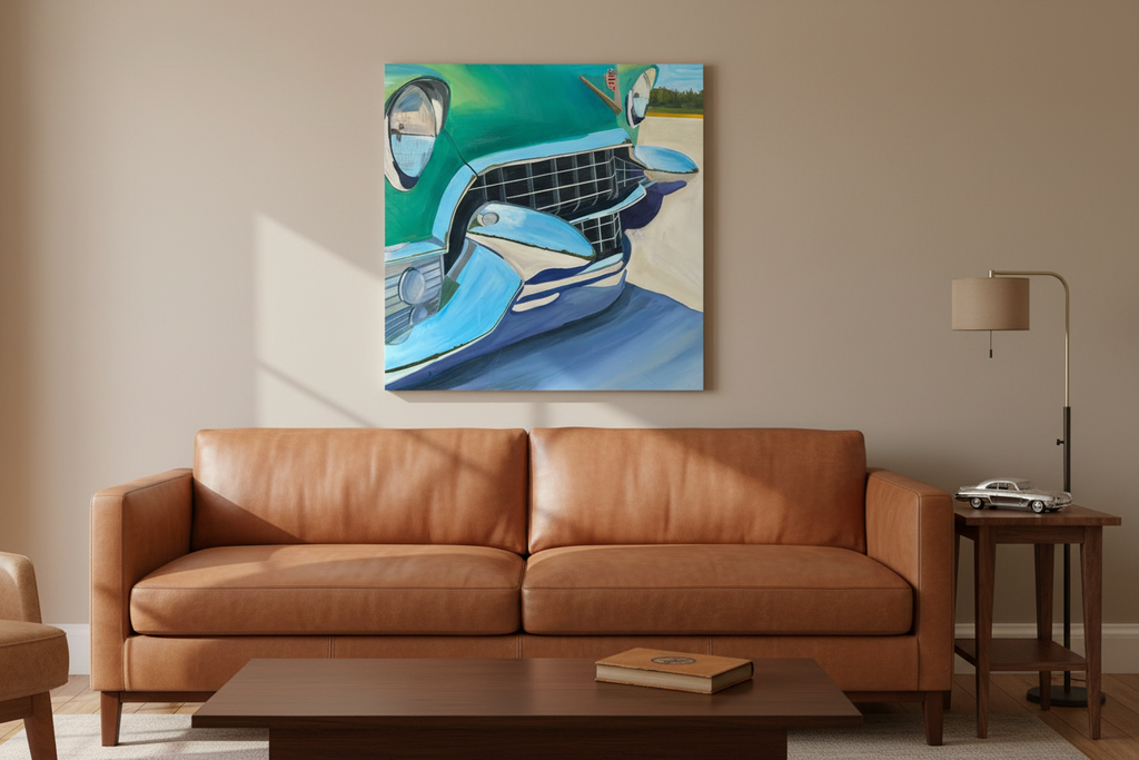 36×36 Cadillac painting hanging over a leather couch