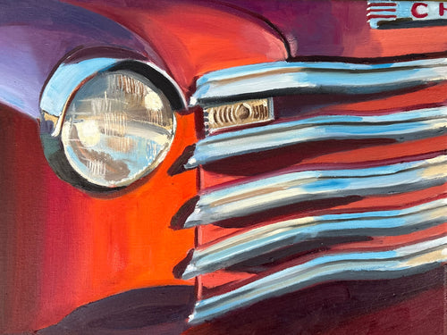 Original oil painting of a late-1940s Chevrolet truck, chrome grill and headlight bathed in golden hour light